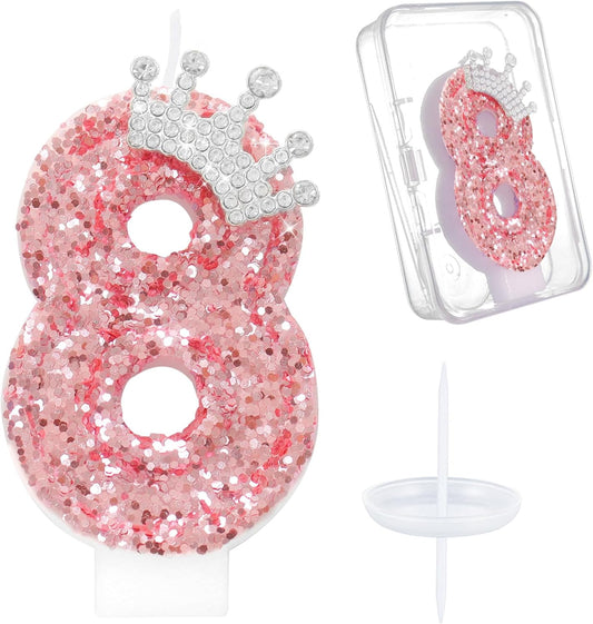 Ceya Number 8 Birthday Candles,Pink Crown Candle for Cake, Sparkling Number Glitter Candle 3.14inch Cake Topper,8st Birthday Decorations for Girl Women Reunions Anniversary Party Supplies