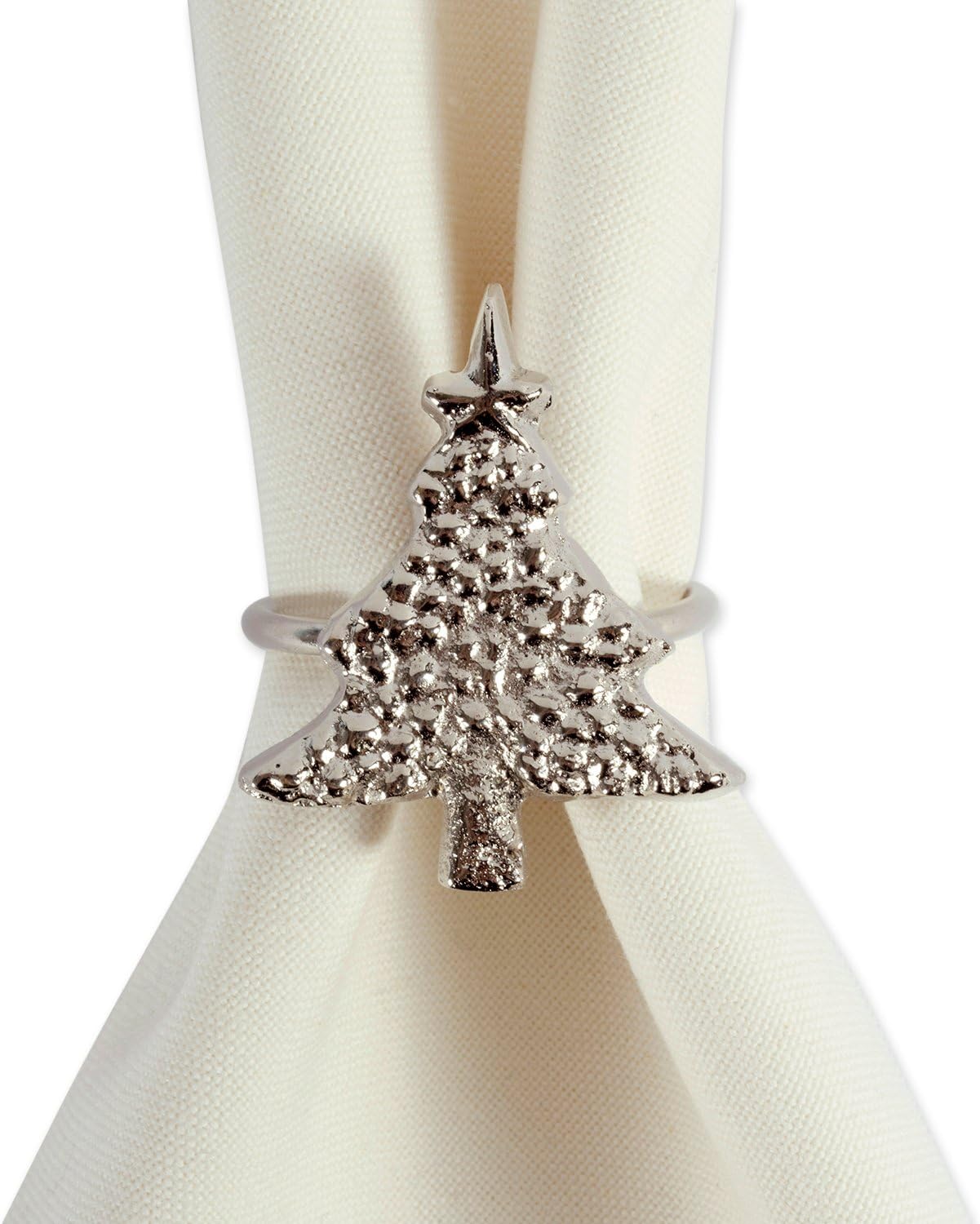 DII Christmas Thanksgiving Holiday Tabletop Décor Collection Decorative Napkin Ring Holder Set, 2" Diameter, Silver Christmas Tree, 6 Piece