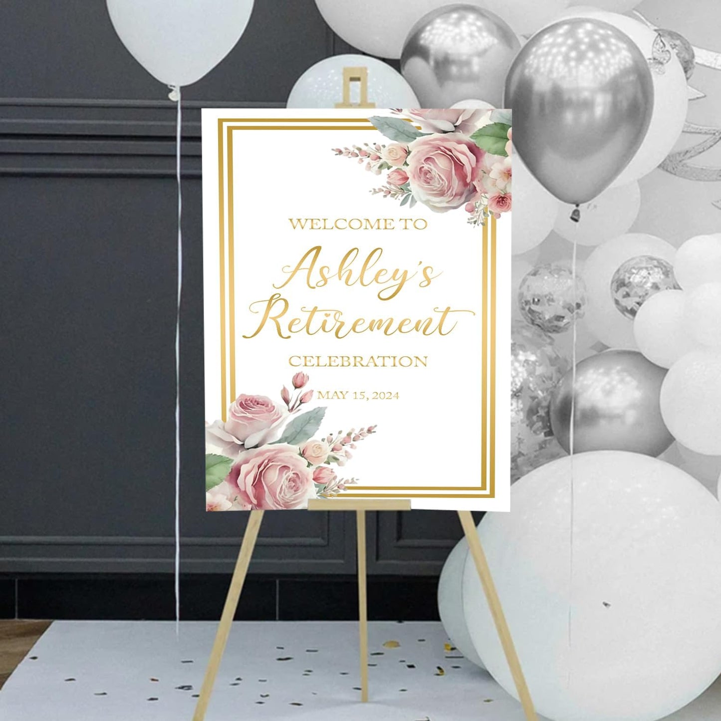 Floral Retirement Party Sign, Pink Gold Retirement Celebration Welcome Sign, Floral Retirement Welcome Sign Geometric, Retirement Party Sign, Retirement Outdoor Sign, Retirement Welcome Sign