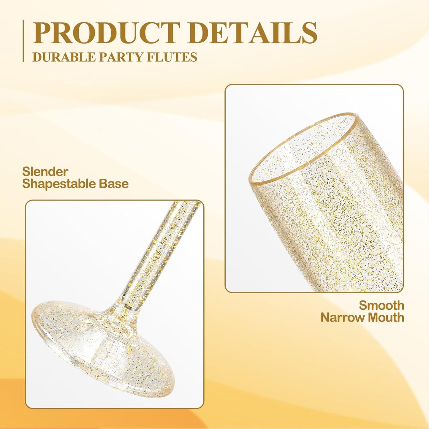 XUWAIDSGN 10 Pcs Champagne Flutes Plastic Wine Glasses Bulk Vintage Champagne Flutes Mimosa Bar Glasses Stemmed Drinking Cups 5.4OZ for Christmas Birthday Wedding Bride (10, Clear gold glitter)