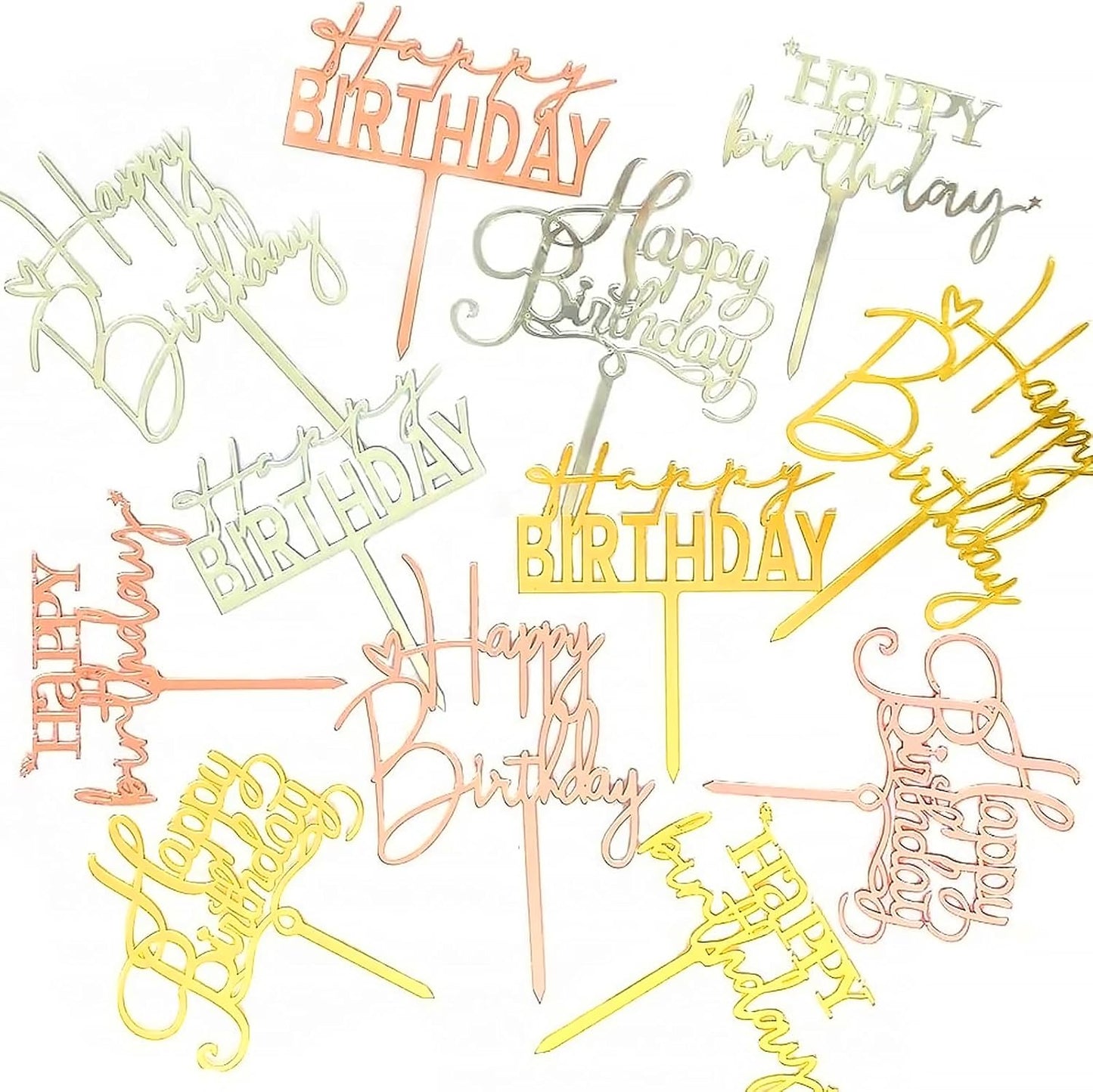 12Pcs Acrylic Happy Birthday Cake Toppers,Gold Double-Sided Cake Topper Cake Decoration for Birthday Party Cake Desserts