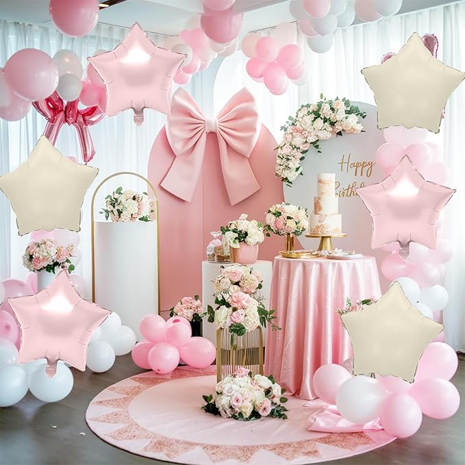 Biapian Baby Pink Star Foil Balloons, 10PCS Light Pink Cream White Foil Stars Shape Balloon, 18 Inch Stars Balloons for Helium Pentagram Balloon for Girls Birthday, Baby Shower Party Decoration