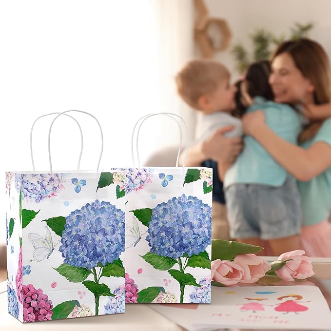 24 Pcs Floral Gift Bags Watercolor Hydrangea Paper Gift Bags with Handles Summer Party Favor Bag for Wedding Birthday Baby Shower