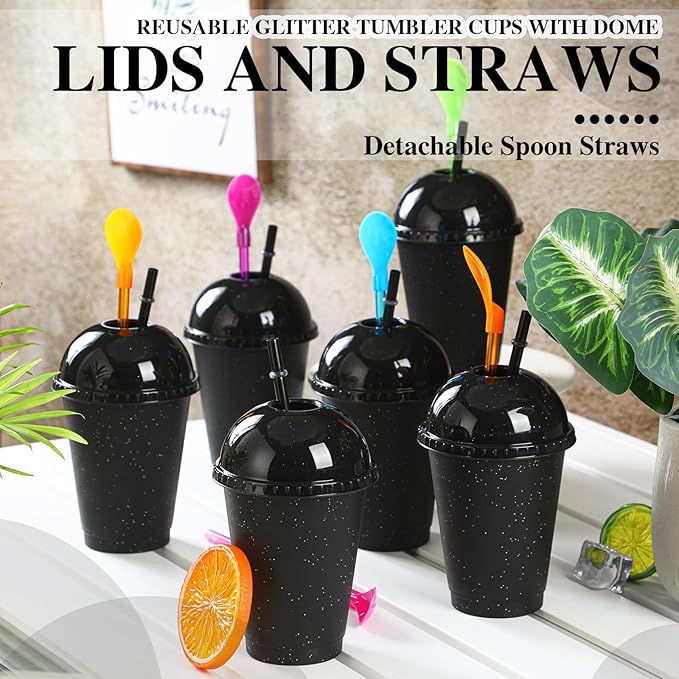 6 Set Slushie Cups with Dome Lids and Straws Detachable Spoon Straws Reusable Plastic Iced Coffee Cups Smoothie Tumbler for Birthdays Summer Party Supplies(Black,16 oz)