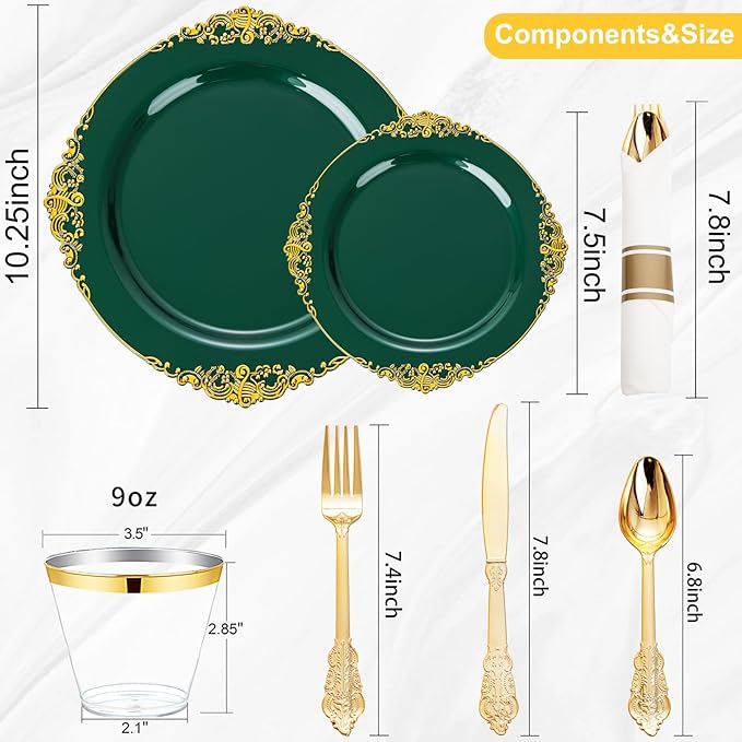 Nervure 175PCS Green Plastic Plates - Disposable Green Gold Party Plates & Pre Rolled Napkins with Cutlery for 25 Guests, 50Plates, 75Silverware, 25Cups, 25Napkin for Wedding & Party & St Patricks Day