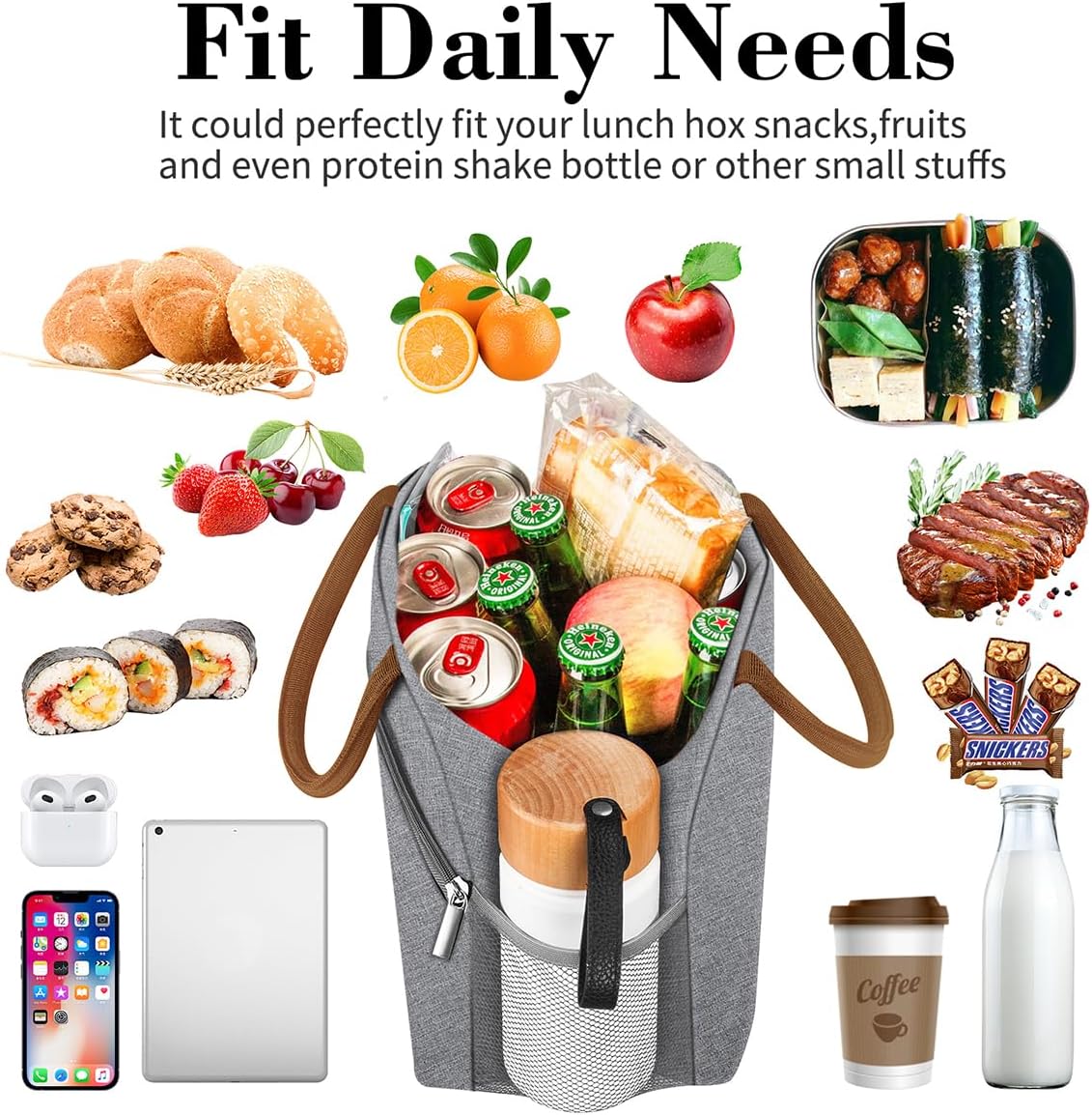 Coobiiya Lunch Bag Lunch Box for Women Men, Small Leakproof Cute Lunch Tote Large Capacity Reusable Insulated Cooler Lunch Container for Work/Office/Picnic/Beach-Grey