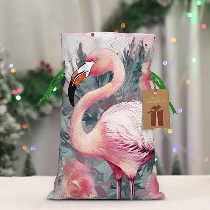 QSMJKLD Drawstring Christmas Gift Bags Vintage Boho Flamingo Florals Gift Bag Burlap Xmas Candy Pouch Reusable Christmas Wrapping Bag Xmas Party Favor Bags for Holiday Wrapping Presents Medium
