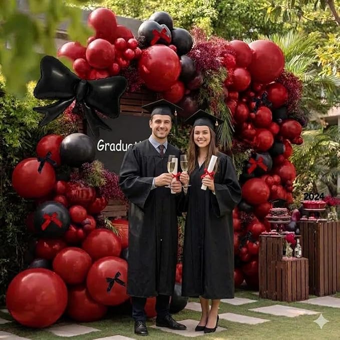 Dark Red Black Balloon Arch Kit with Bow, Double Stuffed Burgundy Black Red Maroon Balloon Garland for Birthday Baby Shower Anniversary Wedding Graduation Mother‘s Day Party Decoration