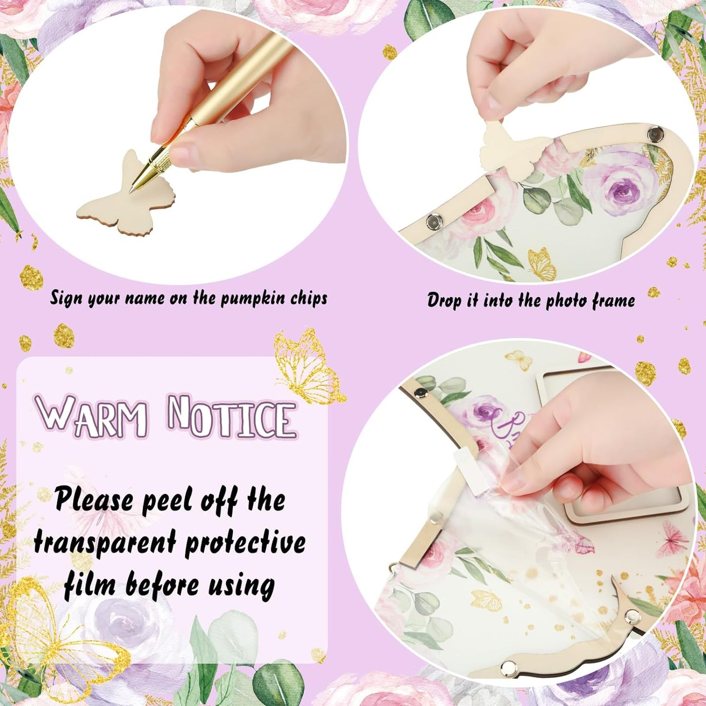 Wenqik 63 Pcs Butterfly Baby Shower Guest Book Alternatives Set Baby Shower Decorations with Photo Frame Sonogram Frame Keepsake 60 Wood Slices Guest Book for Birthday