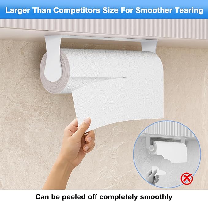 Paper Towel Holder Under Cabinet, White, Adhesive & Wall Mount, Under Counter Paper Towel Rack for Kitchen and Bathroom, Home and Kitchen Decor