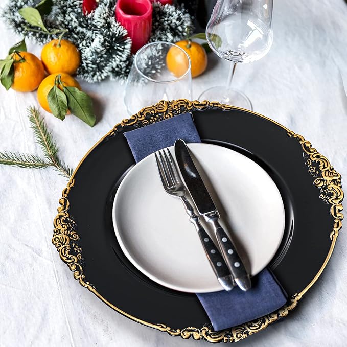 Okllen 12 Pack Plastic Round Charger Plates, 13" Dinner Charger Dessert Plates with Gold Rim, Vintage Charger Serving Plates for Catering, Wedding, Tabletop Decor, Black, Floral Trim