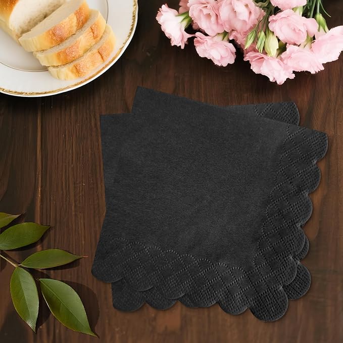 120 Pcs Black Scalloped Cocktail Napkins,2-Ply Black Disposable Beverage Party Napkins for Dinner Wedding Birthday Baby Shower