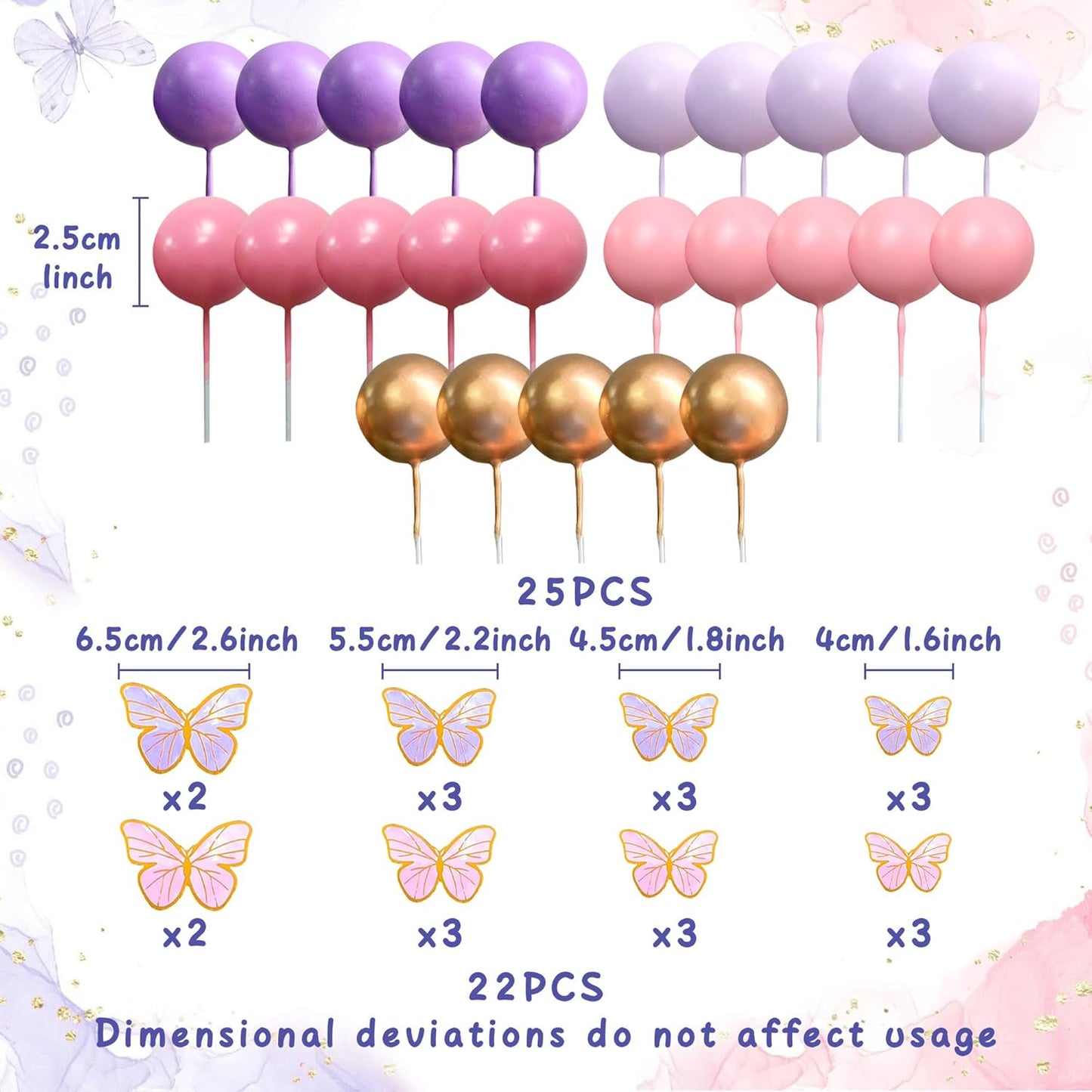 47PCS Purple Pink Butterfly Cake Toppers balls,Butterfly Cake Decorations Include Cake Toppers Balls for Baby Shower Wedding Birthday Bridal Shower Party Decor(Purple Pink)