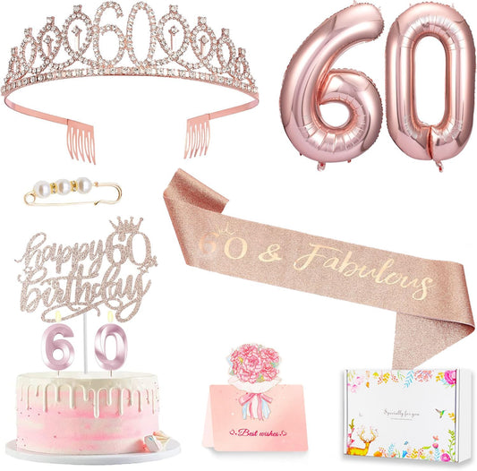 60th Birthday Decorations for Woman, 60th Birthday Sash and Crown, Cake Topper, Number Candles and Balloons,, 60 Year Old Gifts for Women