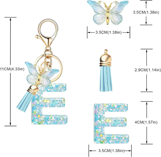 Fashion Alphabet Initial Letter Keychain Tassel Butterfly Pendant Key Ring for Purse Handbags Women Girl