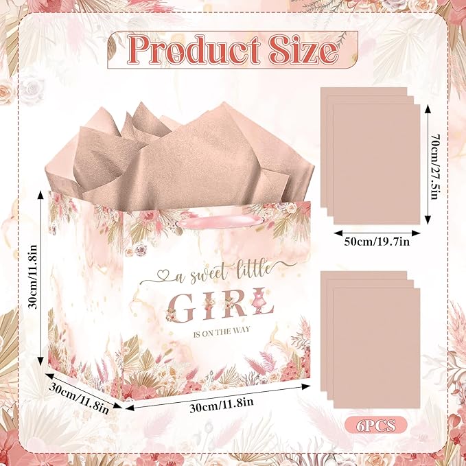 Large Boho Baby Girl Gift Bag, Baby Shower Square Gift Bag Pink Floral Jumbo Gifts Bag with Tissue Paper A Sweet Little Girl is on The Way Wrapping Paper Bag for Baby Shower Gender Reveal Party Favors