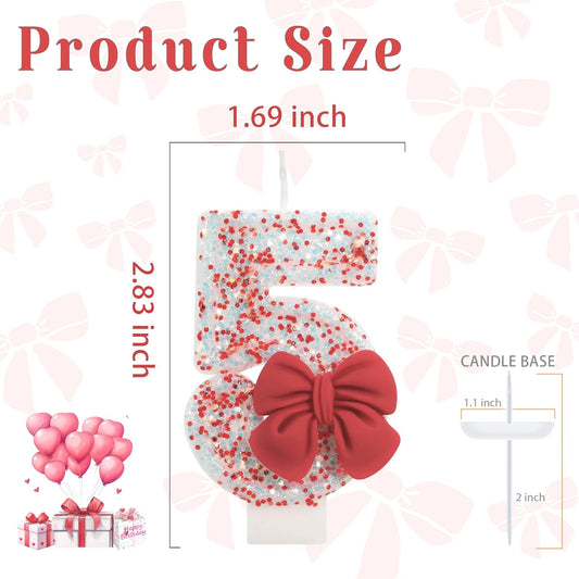 Birthday Candle for Cake, Red Bow Number Candles, 2.76 inch Cake Topper Decoration for Birthday Party (Number 5)