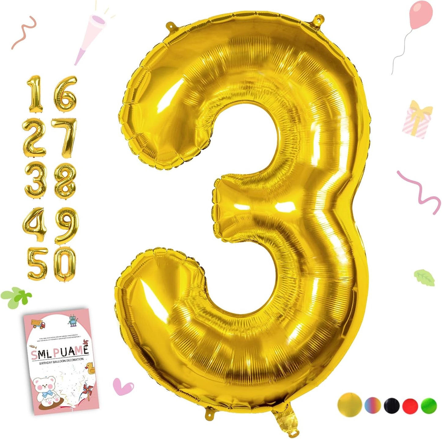 Smlpuame 40 inch Number Balloon 0-9 Gold Large Number 3 Balloons,Digital Balloons for Birthday Party Celebration Decorations Supplies, Helium Foil Number Balloons for Wedding Anniversary