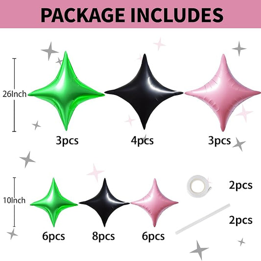 TONIFUL 30Pcs 26In&10In Star Balloons Light Pink Green Black Four Pointed Foil Mini Star Mylar Balloons for Birthday Wedding Baby Shower Anniversary Engagement Party Decor Supplies