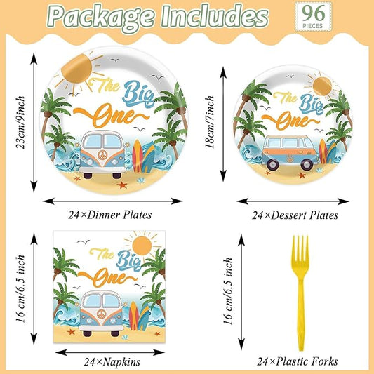 96Pcs Summer Beach The Big One Party Supplies Boy Surfing First Paper Plates Napkins The Big One Birthday Party Decorations 1st Birthday Dinnerware Party Favor Beach Hawaiian Tableware Serves 24