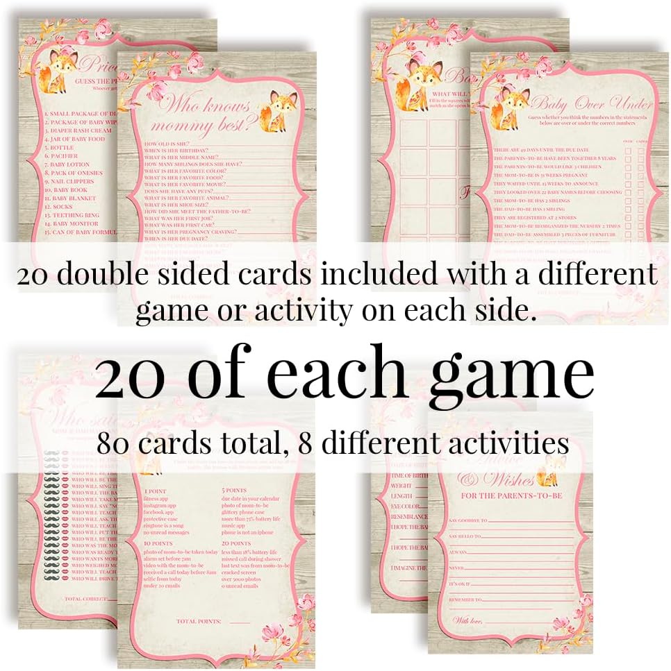 Baby Shower Games 8 Game Set Pink Watercolor Woodland Fox Girl 80 Double-Sided Cards for 20 Guests. Baby Shower Bingo, Baby Predictions & Activities for Guests. Theme for Girl