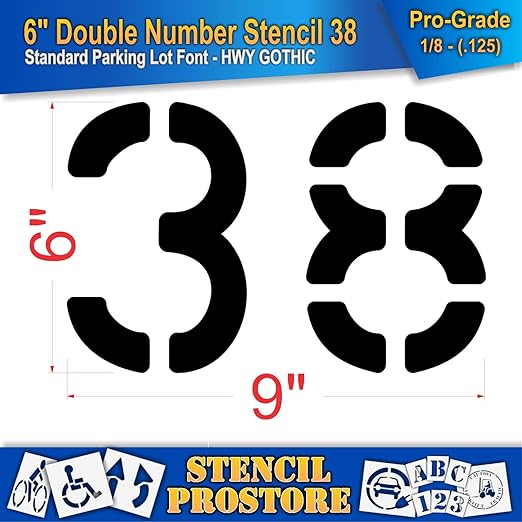 Pavement, Curb, and WheelStop Stencils - 6 inch Double Number Stencil - (38) - 6" x 9" x 1/8" (128 mil) - Pro-Grade