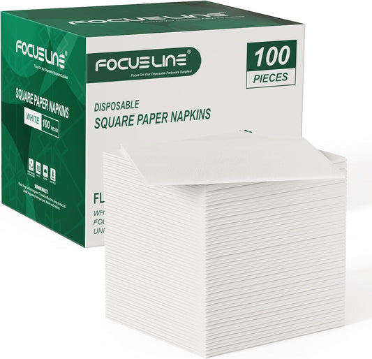 FOCUSLINE 100 Count Linen-Feel Disposable Cocktail Napkins, Soft and Absorbent Bulk Party Beverage Napkins Paper for Bar, Restaurant, Wedding, Dinner or Events, White