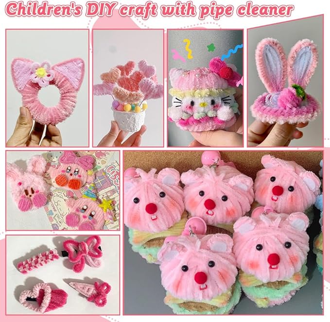 AHAMETON 620-Piece Pink Pipe Cleaner Craft Kit - 6 Pastel Shades Chenille Stems with Floral Wire for DIY Wedding Bouquets, Mother’s Day Gifts & Party Decorations