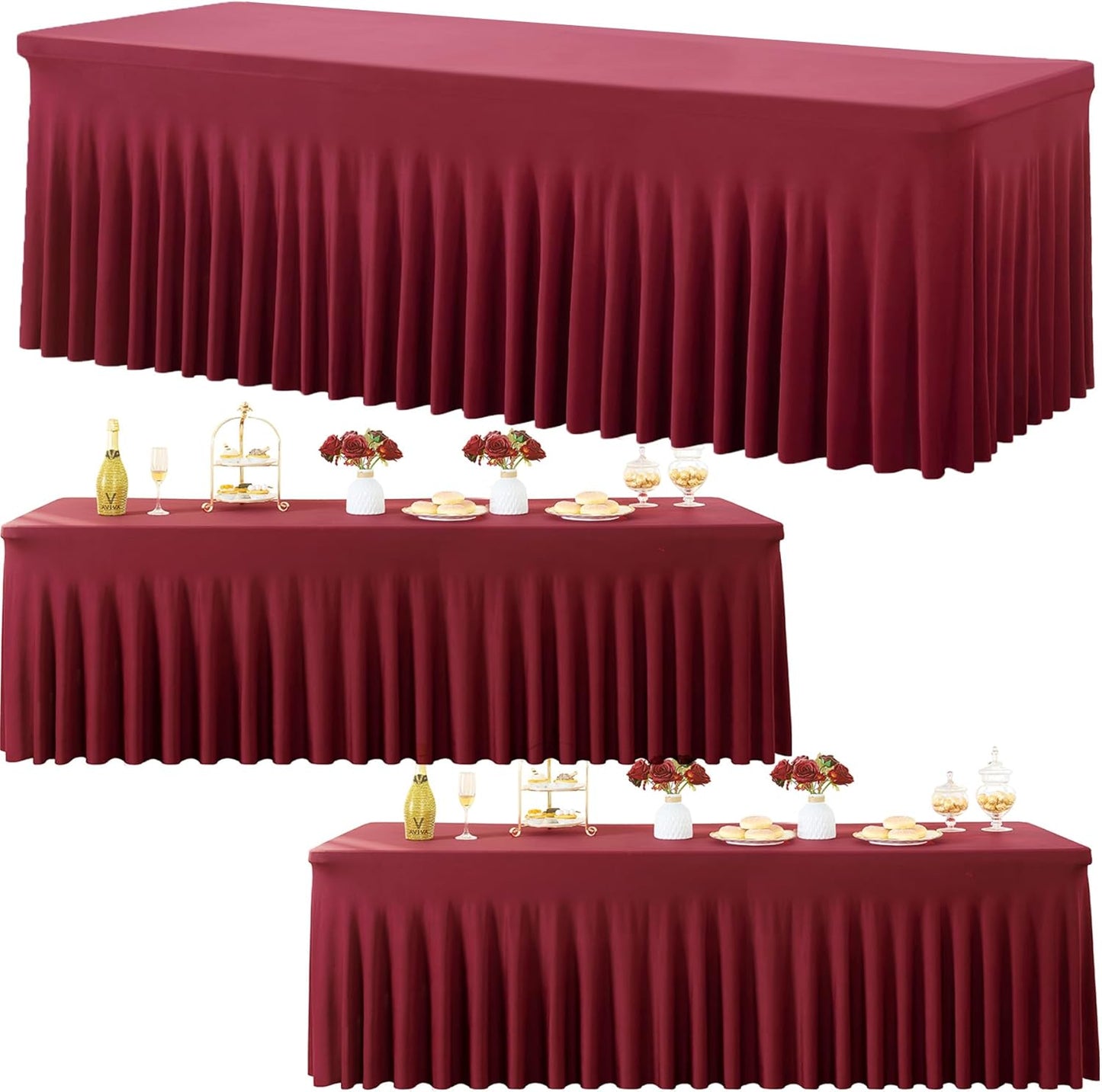 3 Pack Burgundy Spandex Tablecloth for 8 Foot Rectangle Tables, Wrinkle Free Fitted Table Cloth Cover 8ft Maroon Stretchy Tablecloths with Skirt for Parties Weddings Birthday Banquet Baby Shower