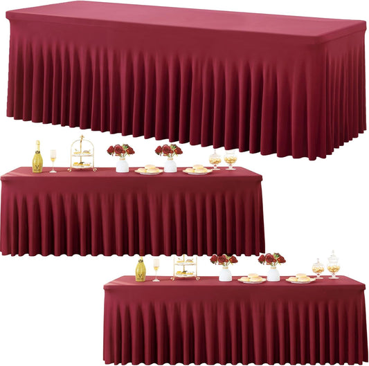 3 Pack Burgundy Spandex Tablecloth for 8 Foot Rectangle Tables, Wrinkle Free Fitted Table Cloth Cover 8ft Maroon Stretchy Tablecloths with Skirt for Parties Weddings Birthday Banquet Baby Shower