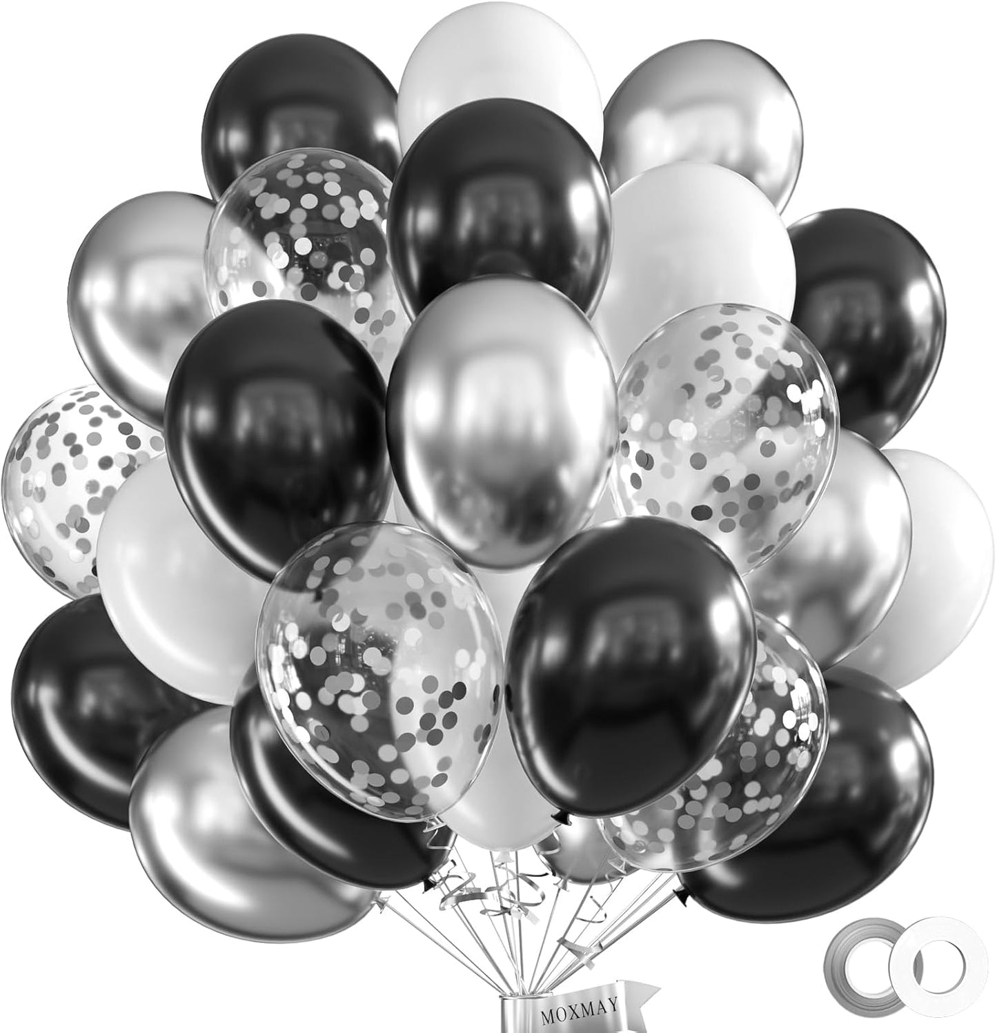62Pcs 12Inch Black White Silver Balloons Arch Kit, White and Black Metallic Silve Confetti Party Balloons with Ribbons for Birthday, Wedding, Baby Shower, Graduation Decorations