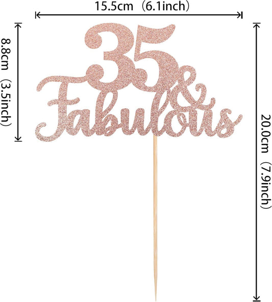 1 PCS 35 & Fabulous Cake Topper Glitter Thirty Five and Fabulous Cake Toppers Happy 35th Birthday Cake Pick for 35th Wedding Anniversary Birthday Party Cake Decorations Supplies Rose Gold