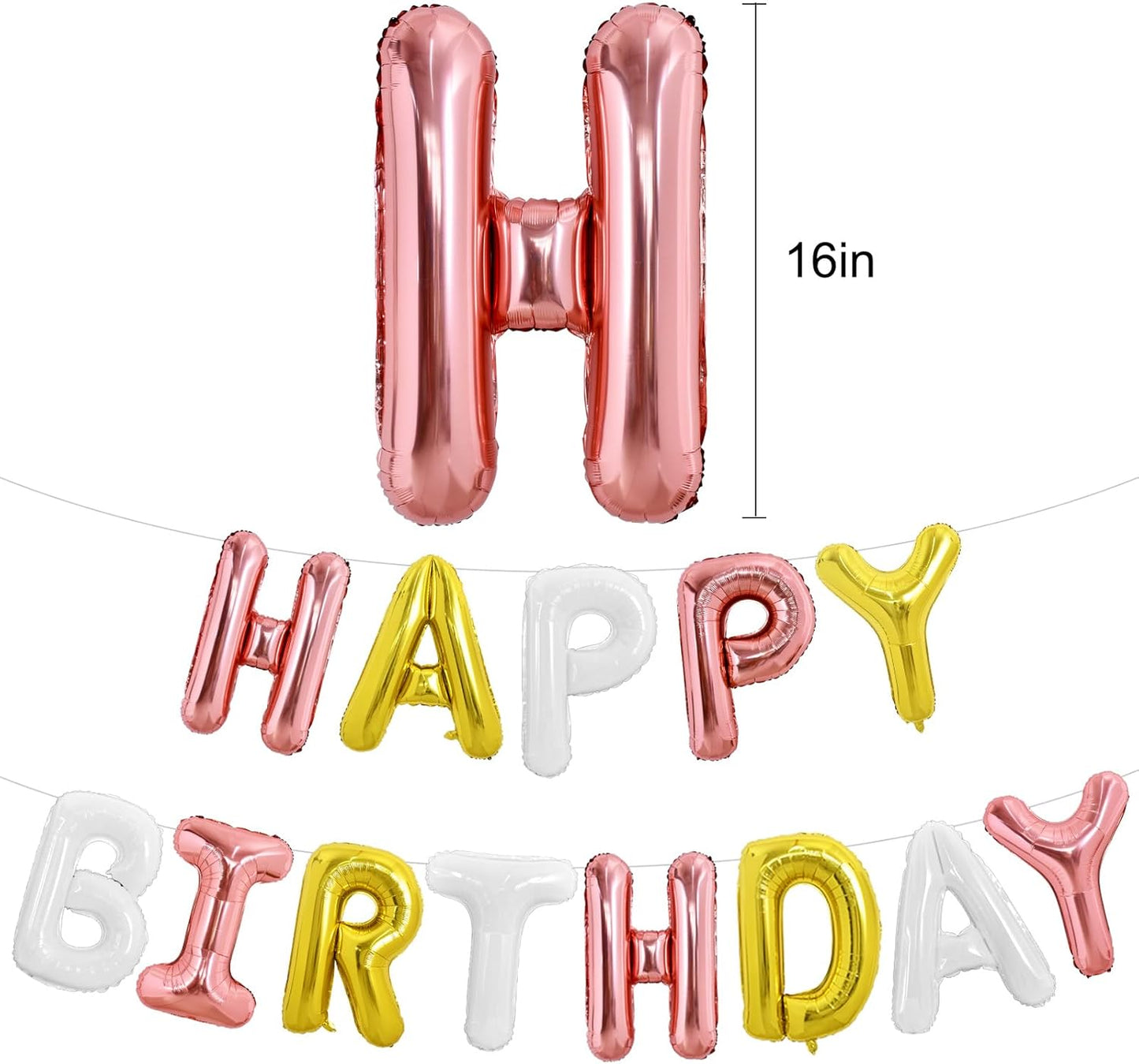 TONIFUL Happy Birthday Balloons Banner 16 Inch Mylar Foil Letters Birthday Sign Reusable for Girls Boys Kids & Adults Birthday Party Decorations Supplies（Rose Gold Gold White）