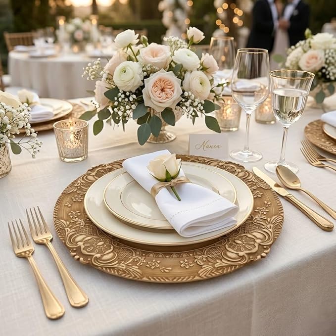 13-Inch Vintage Embossed Charger Plates, Set of 6 - Decorative Antique Gold Plastic Underplates for Dinner Party, Wedding, and Holiday Table Decor - Durable & Reusable Service Plates
