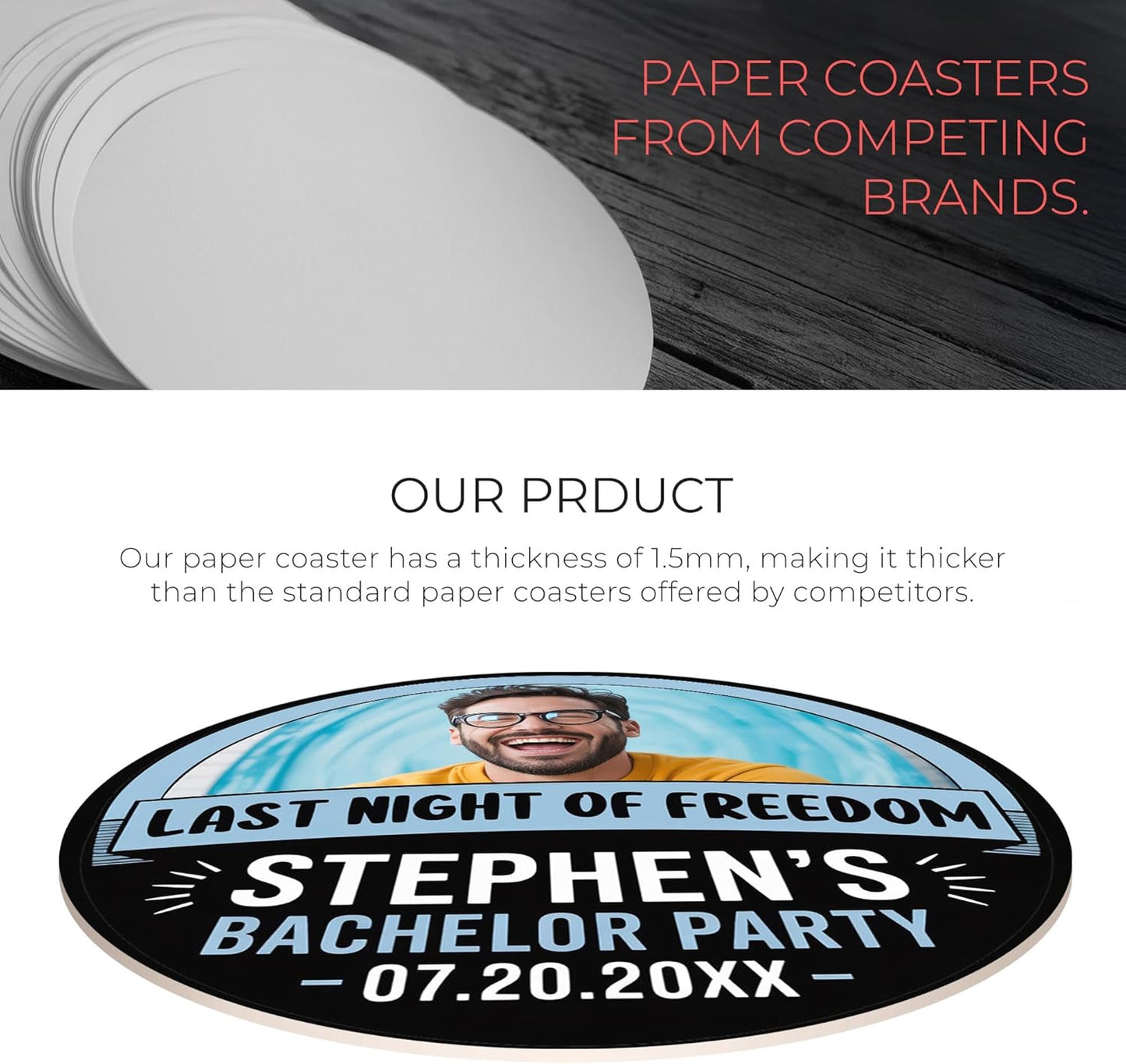 60 Pack Personalized Bachelor Party Coasters, Custom Cardboard Drink Coasters with Photo Print and Text, Fun Bachelor Party Favors and Gifts, 3.95" Round, Design 3
