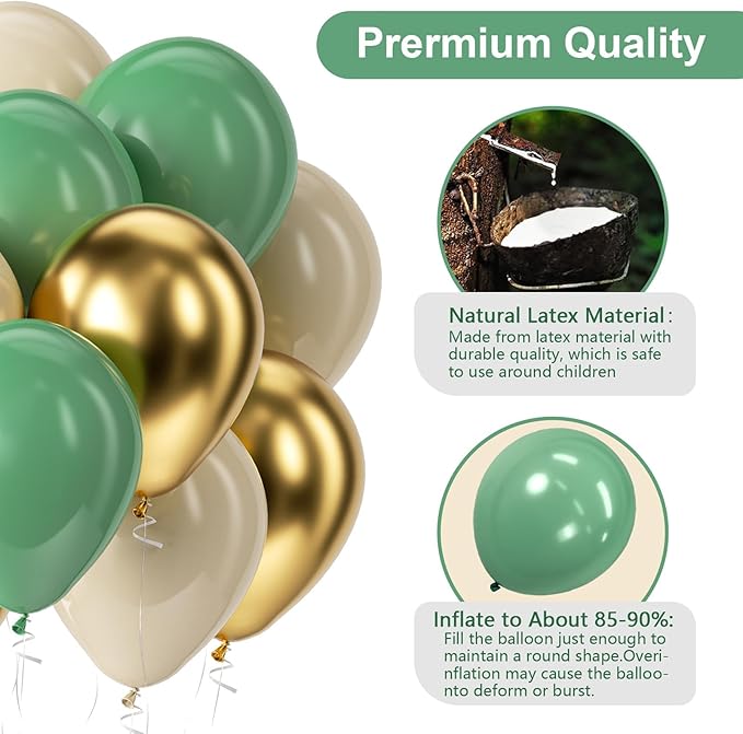 Bezente Sage Green Gold White Balloons Kit - 60pcs 12 inch Sage Green Sand White Latex Balloons Metallic Gold Helium Balloons for Birthday Engagement Wedding Baby Shower Party Event Decorations