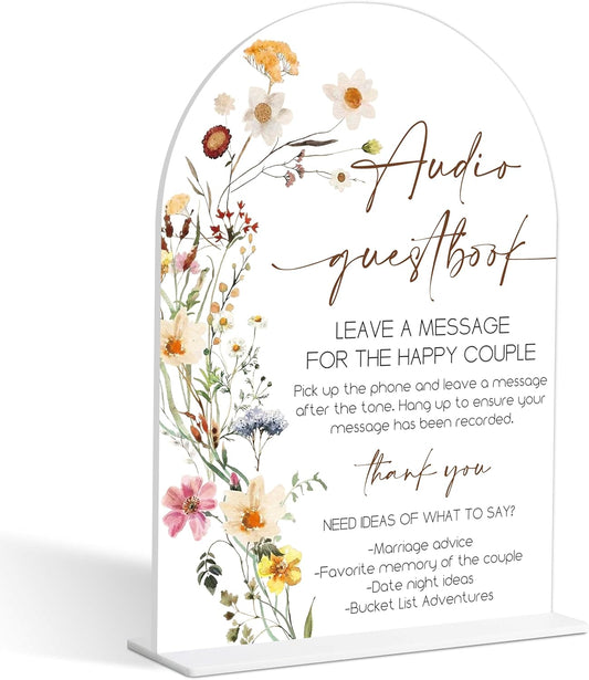 Audio Guest Book Sign, Flower Style Bridal Shower Sign for Wedding, Engagement, Bridal Shower and Reception, Bridal Shower Decorations, Wedding Shower Favors, 6X8 Inch Acrylic Arch Sign with Stand,7