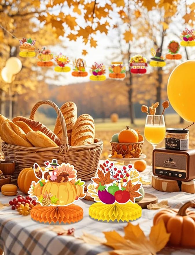 Thanksgiving Table Decorations - 9Pcs Fall Honeycomb Centerpieces for Tables with Pumpkins, Sunflowers, Scarecrow, Squirrel for Thanksgiving Dinner, Autumn Harvest Festival, Rustic Fall Party Decor