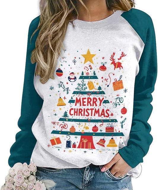 LOAIHA Christmas Sweatshirts for Women Christmas Tree Graphic Shirt Xmas Long Sleeve Merry Christmas Pullover Blouse