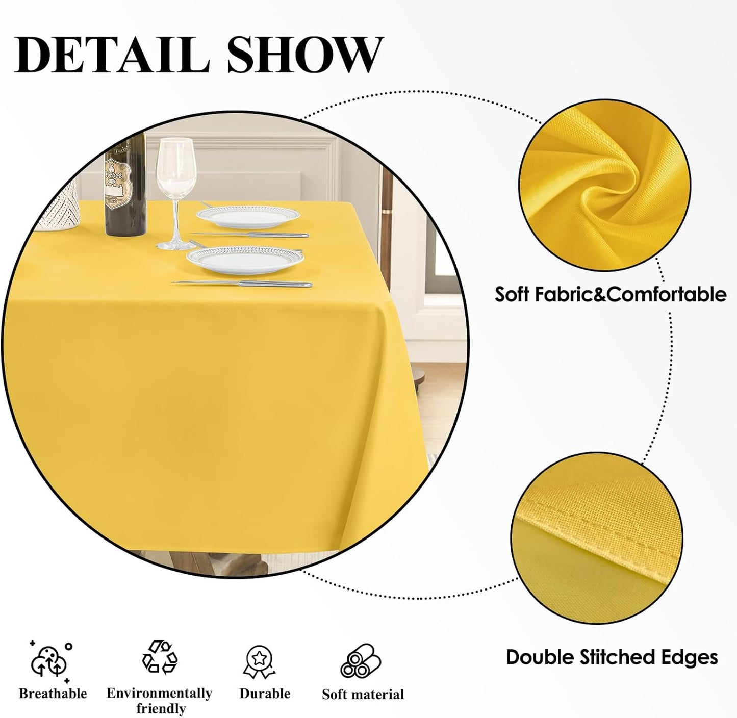 Square Tablecloth 52 x 52 Inch Yellow Tablecloths Stain-Wrinkle Resistant Washable Polyester Table Cloths for Holiday, Buffet Parties, and Weddinge 1pack
