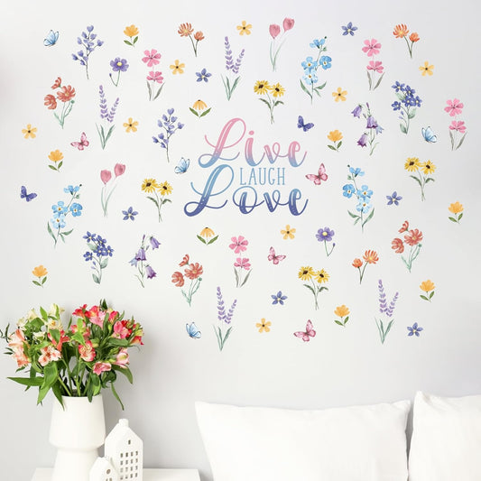 Mfault Watercolor Wildflower Floral Wall Decals Stickers, Live Laugh Love Flowers Butterfly Decorations Bedroom Art, Spring Summer Botanical Seasonal Home Living Room Kitchen Decor