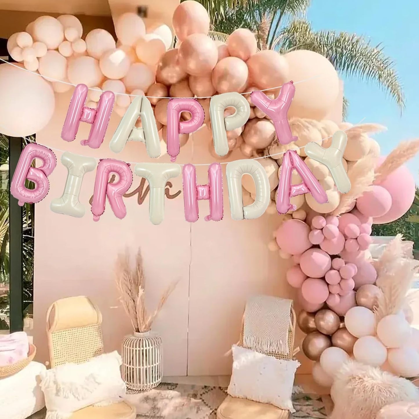TONIFUL Happy Birthday Balloons with Ribbon Straw 16 Inch Mylar Letters Balloons Sign Banner Bunting Reusable for Girls Boys Kids & Adults Party Decorations Supplies（Cream White Pink）
