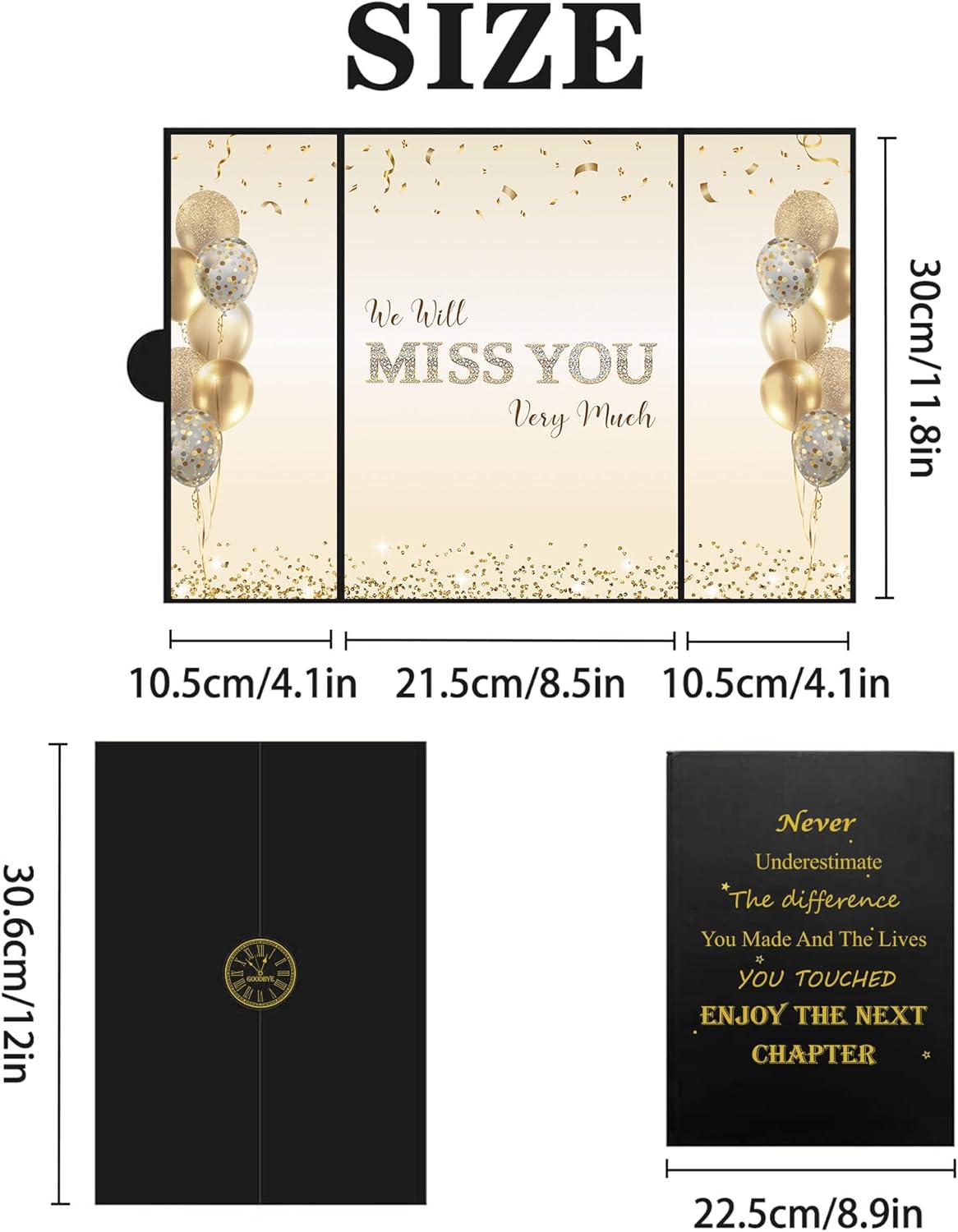 DARUNAXY Black Gold Farewell Party Decorations, We Will Miss You Very Much Alternative Signature Guest Book for Men Women Going Away Gifts Signing Card Board for Retirement Graduation Party Supplies