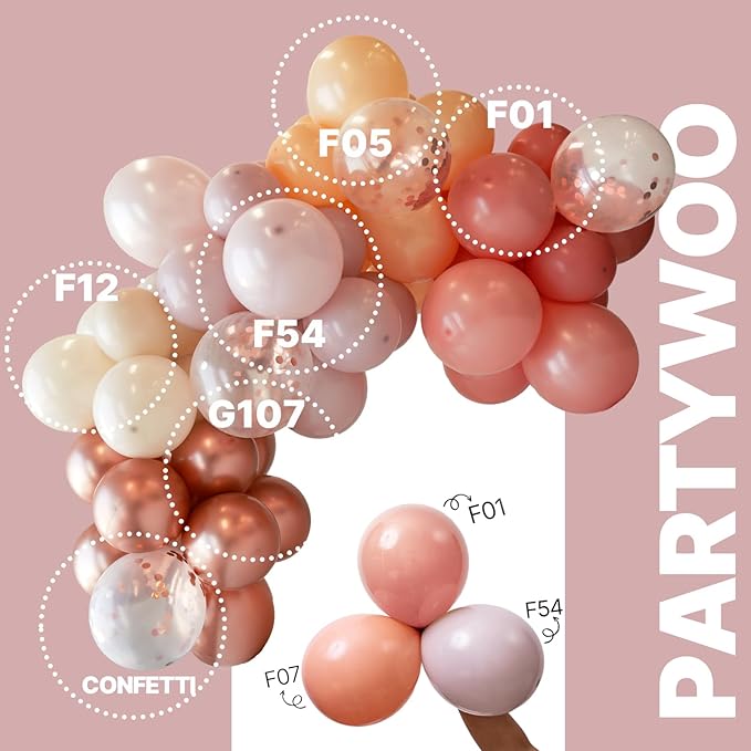 PartyWoo Dusty Pink Balloons 65pcs 12 Inch Blush Rose Pink Metallic Rose Gold Nude Boho White Sand Confetti Balloons for Baby Shower Birthday Gender Reveal Wedding Anniversary Party Decorations