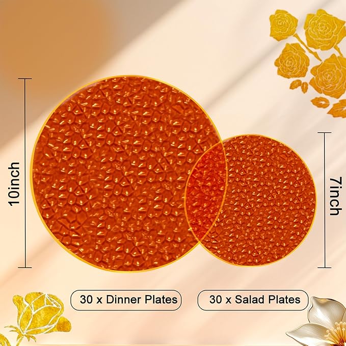 Rubtlamp 60Pcs Amber Plastic Plates - Brown Disposable Plates With Gold Rim, Clear Heavy-duty Party Plates, Hammered Plates Include 30 Dessert Platos, 30 Dinner Platos for Party