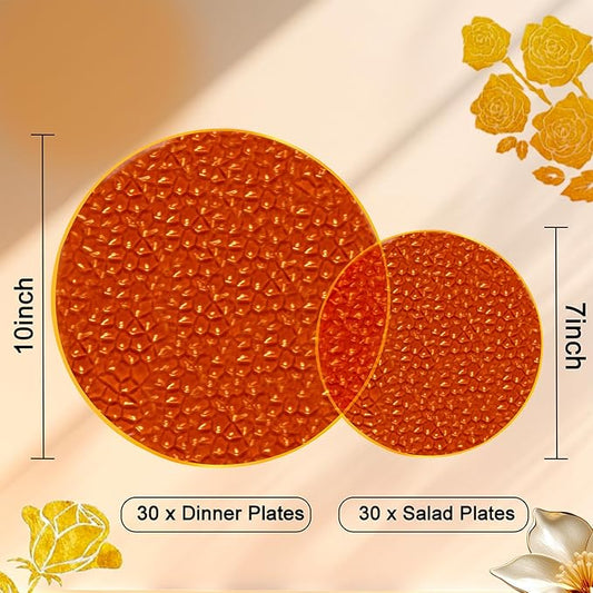 Rubtlamp 60Pcs Amber Plastic Plates - Brown Disposable Plates With Gold Rim, Clear Heavy-duty Party Plates, Hammered Plates Include 30 Dessert Platos, 30 Dinner Platos for Party