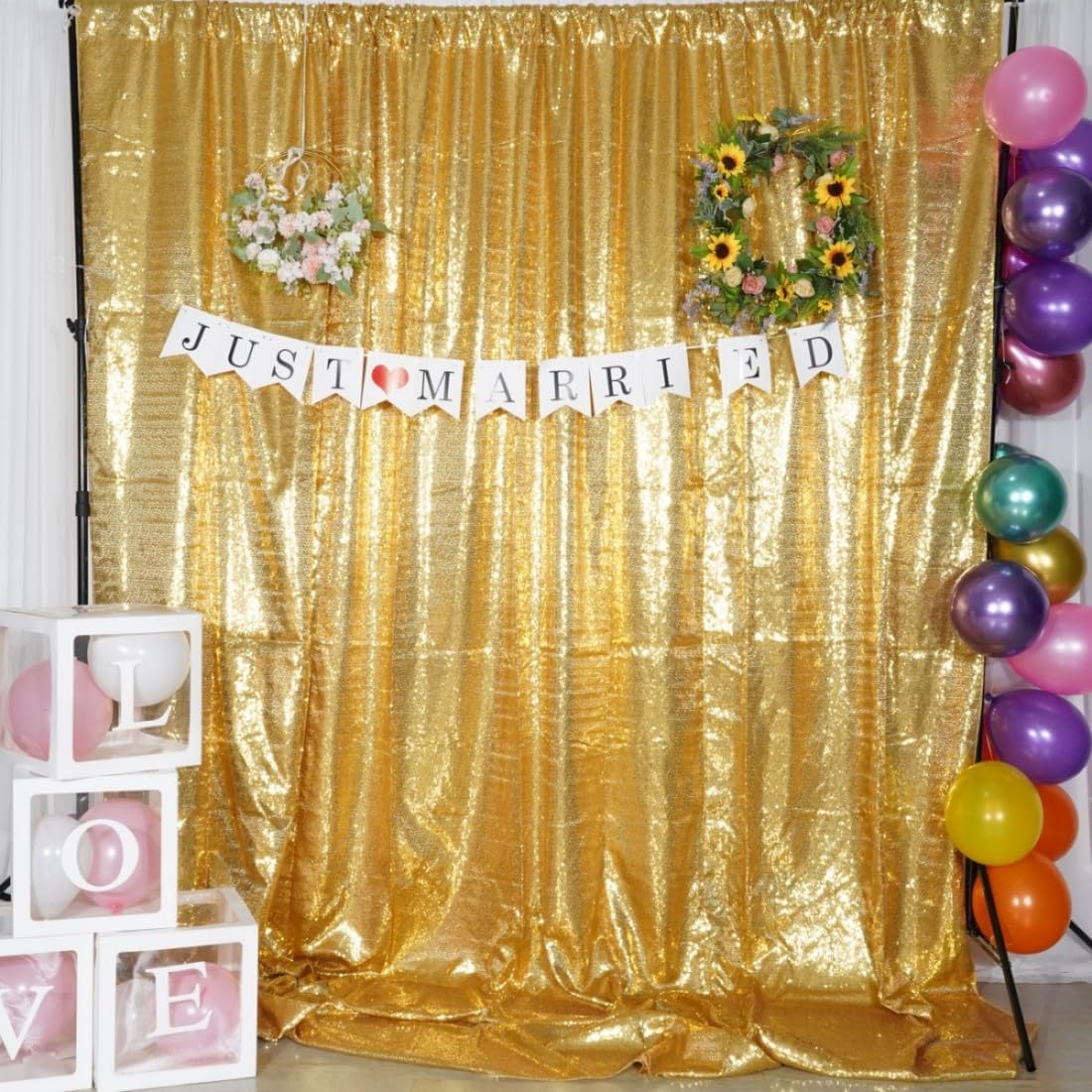 Poise3EHome 8Ft x 8Ft Gold Sequin Backdrop Curtain, Glitter Thick Satin Background Drapes, Sparkly Opaque Photography Curtain, Sequence Xmas Thanksgiving Backdrop for Wedding Party Holiday Decor