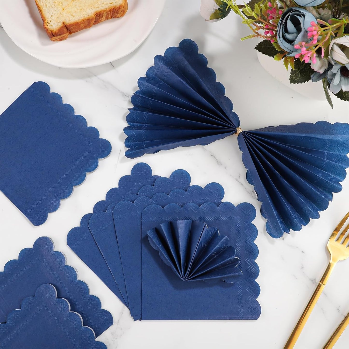 120 Pcs Navy Blue Napkins, Scalloped Blue Cocktail Napkins Disposable Beverage Dessert Napkin Patriotic Napkin for Bar Birthday Baby Shower, 5 x 5 Inch