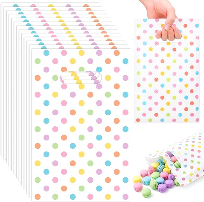 Supervitae 100 Pcs Easter Pastel Gift Bags Polka Dots Party Favor Plastic Bags Bulk with Handles for Birthdays Weddings Snacks Goodie Candy Treat Easter Party Supplies