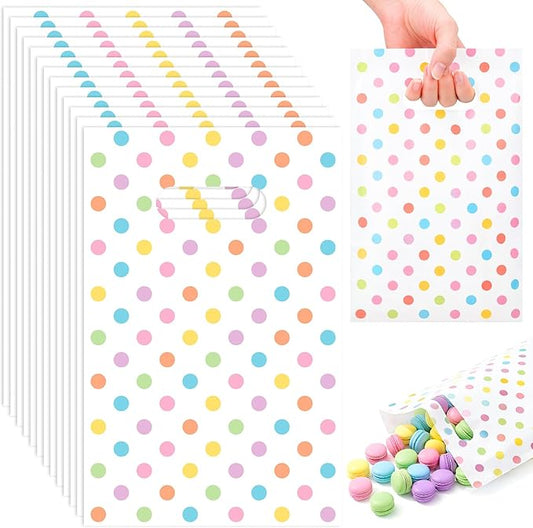 Supervitae 100 Pcs Easter Pastel Gift Bags Polka Dots Party Favor Plastic Bags Bulk with Handles for Birthdays Weddings Snacks Goodie Candy Treat Easter Party Supplies